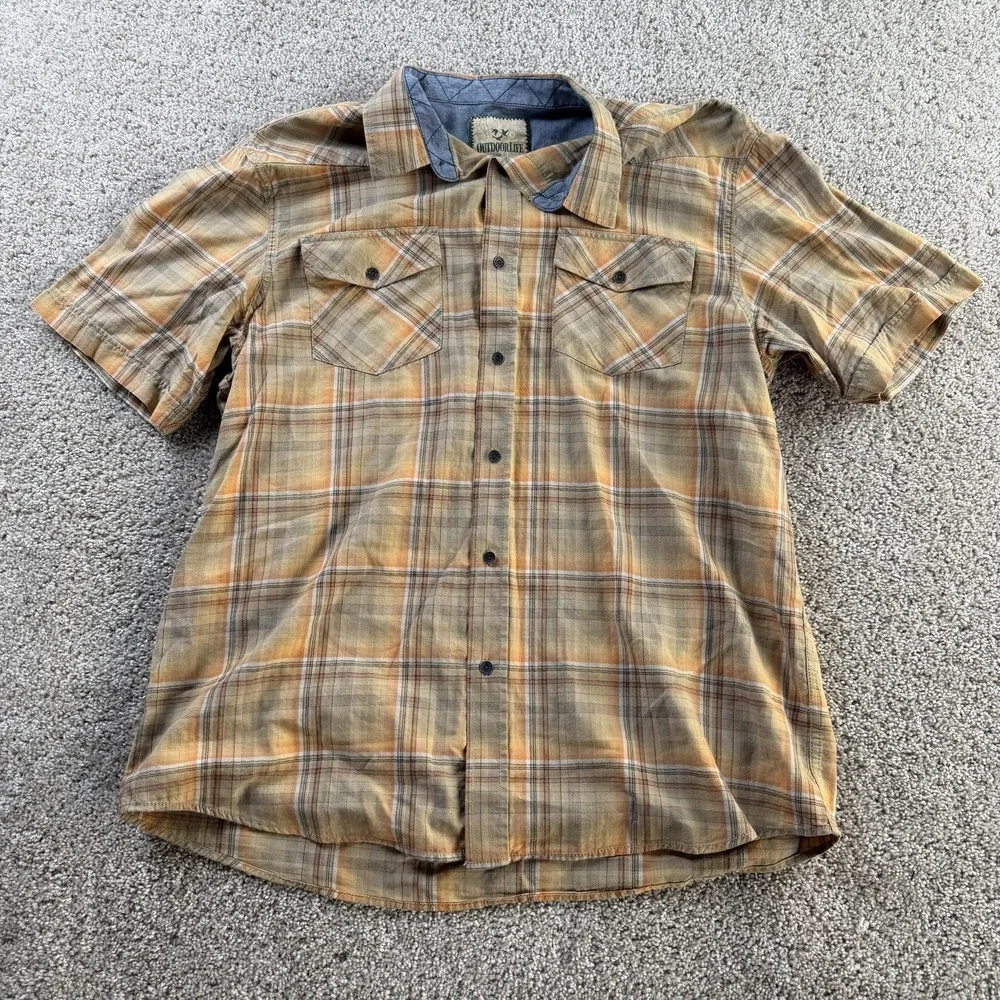 Outdoor Life Shirt Mens XL Beige Plaid Short Sleeve Western Button Up Casual